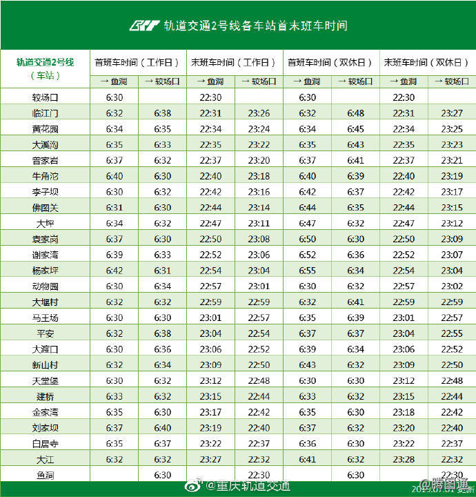 重庆轨道交通2号线各车站首末班车时间表